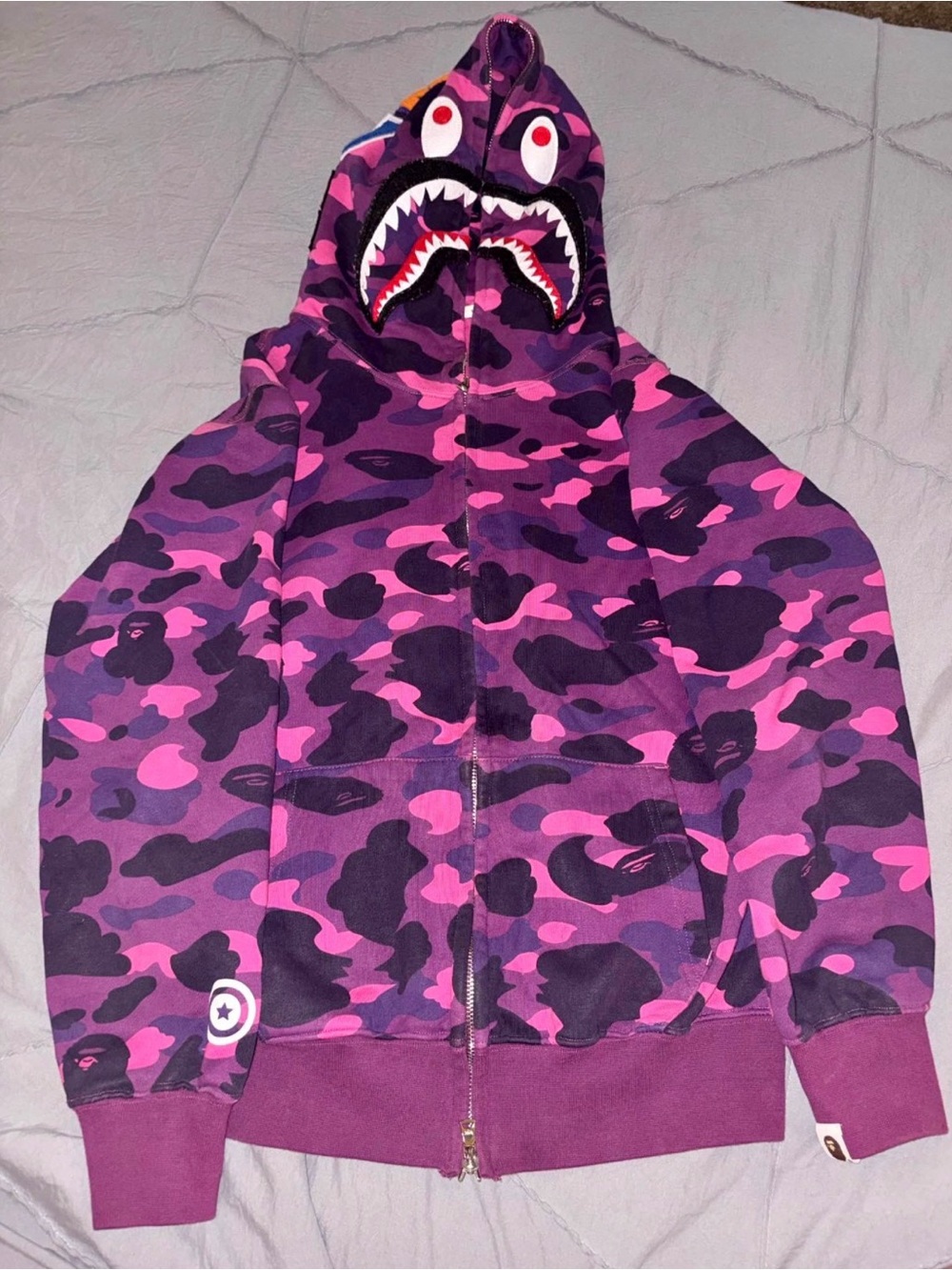 Men's Purple Camo Zip-Up Hoodie with Shark Face Hoodie